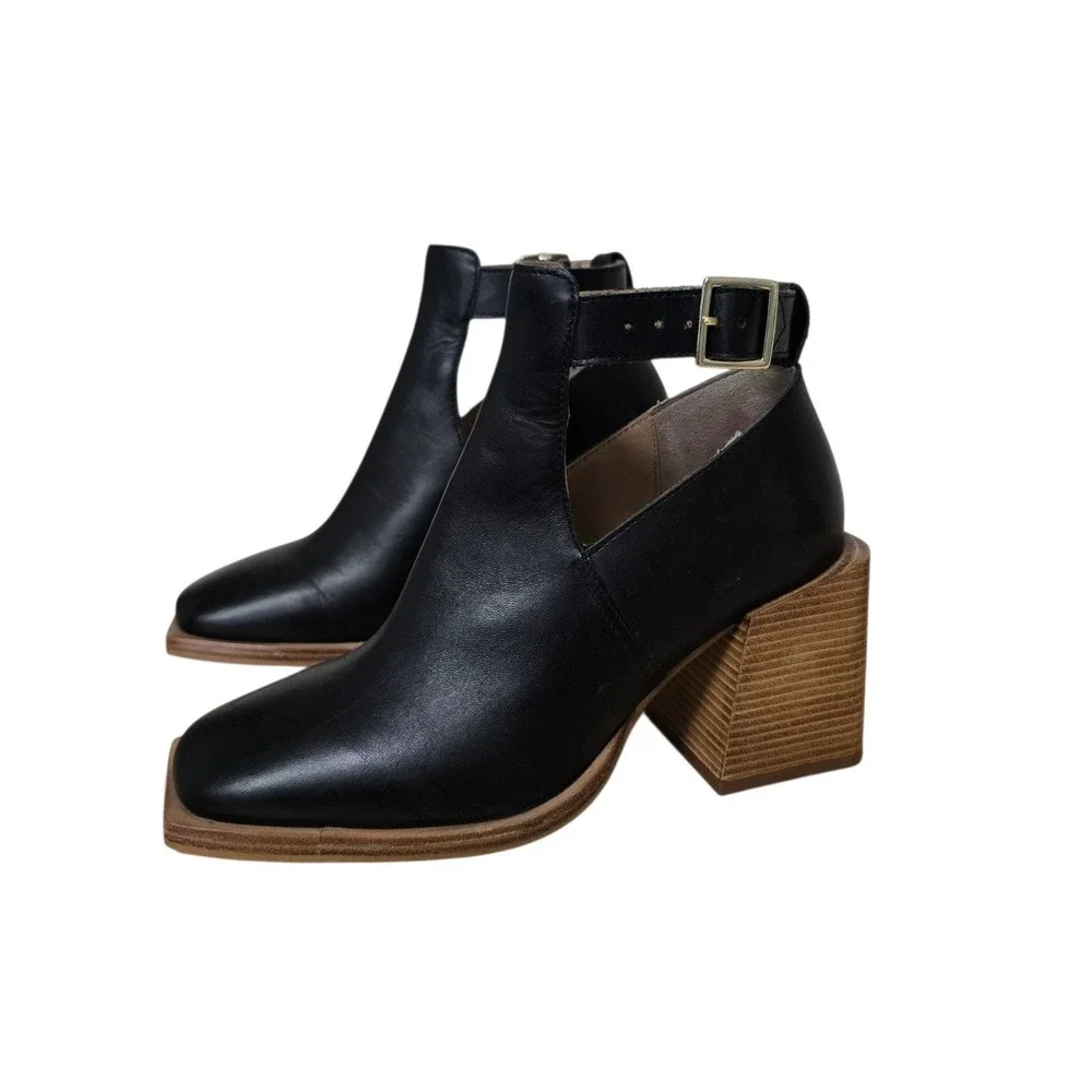 Free People Black Leather Cutout Square Toe Block Heel Ankle Boots EU 36 US 6